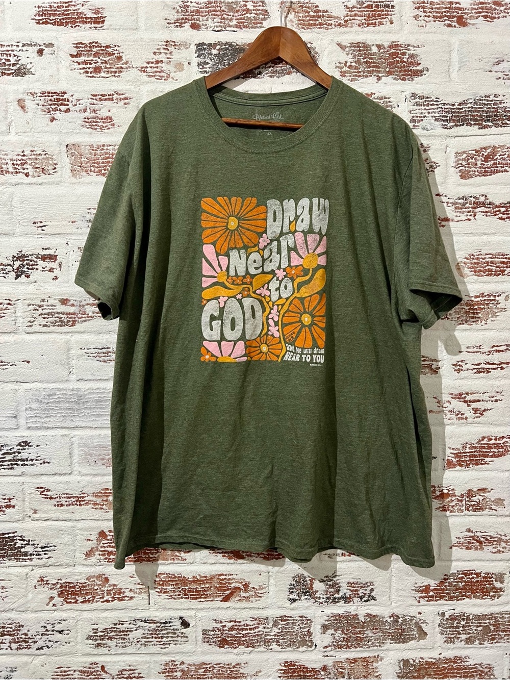Blessed Girl Womens 2X T-Shirt Olive Heather Draw Near To God Graphic Flower